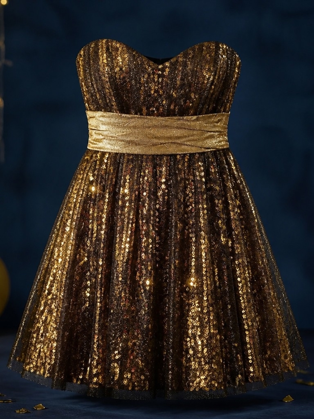 Vintage Y2K Shimmer Whimsigoth Gold Sequin Strapless Party Dress Size 12 4063
